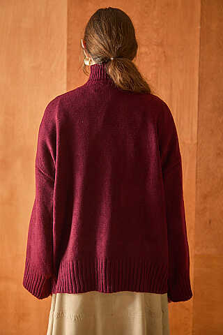 Boğazlı Basic Triko Kazak Bordo - 7