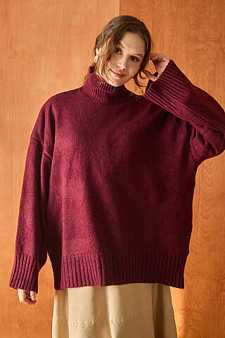 Boğazlı Basic Triko Kazak Bordo - 4