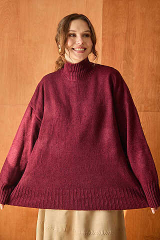 Boğazlı Basic Triko Kazak Bordo - 5