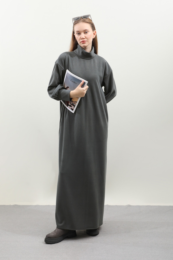 Boğazlı Fitilli Triko Elbise Antrasit - 11