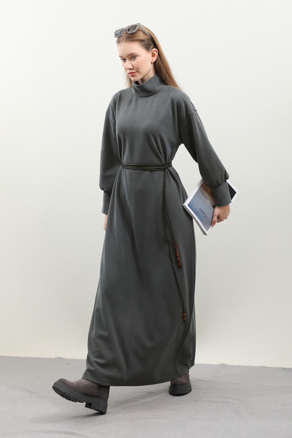 Boğazlı Fitilli Triko Elbise Antrasit - 13