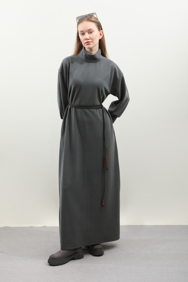 Boğazlı Fitilli Triko Elbise Antrasit - 14