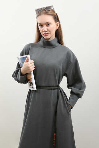 Boğazlı Fitilli Triko Elbise Antrasit - 9