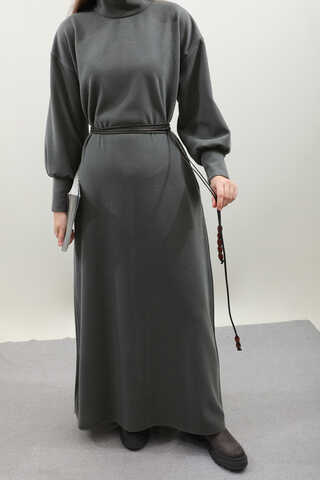 Boğazlı Fitilli Triko Elbise Antrasit - 16