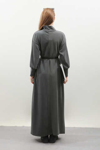 Boğazlı Fitilli Triko Elbise Antrasit - 18