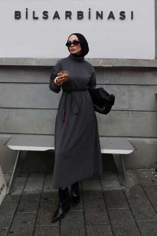 Boğazlı Fitilli Triko Elbise Antrasit - 5