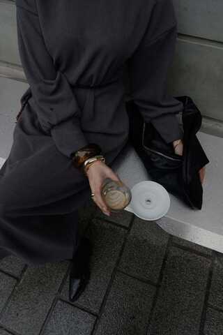 Boğazlı Fitilli Triko Elbise Antrasit - 8