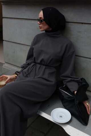 Boğazlı Fitilli Triko Elbise Antrasit - 6