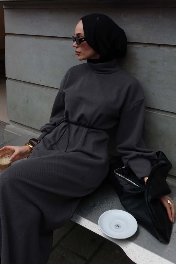 Boğazlı Fitilli Triko Elbise Antrasit - 6