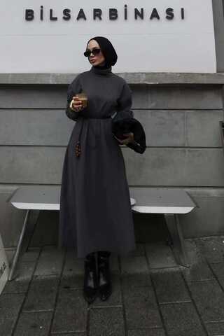 Boğazlı Fitilli Triko Elbise Antrasit - 2