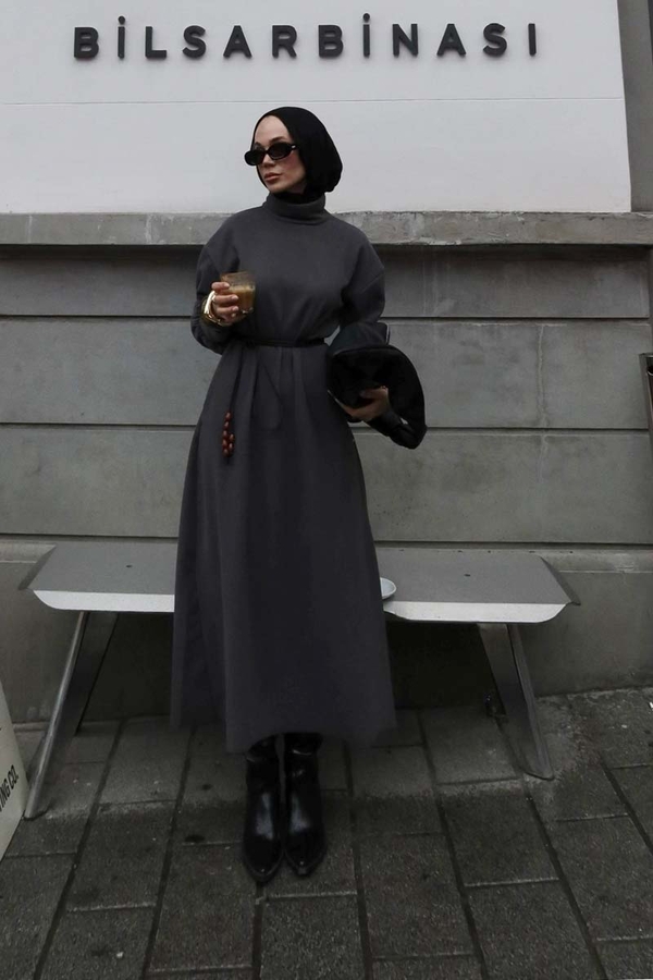 Boğazlı Fitilli Triko Elbise Antrasit - 2