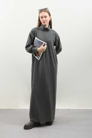 Boğazlı Fitilli Triko Elbise Antrasit - 11