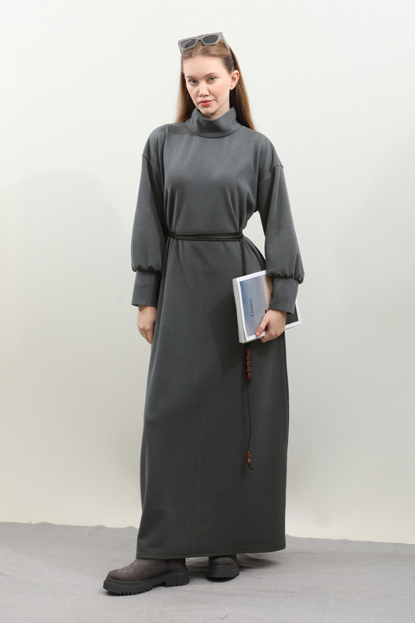 Boğazlı Fitilli Triko Elbise Antrasit - 12