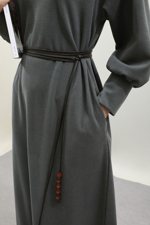 Boğazlı Fitilli Triko Elbise Antrasit - 15