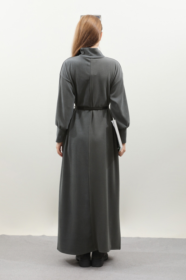 Boğazlı Fitilli Triko Elbise Antrasit - 18