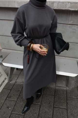 Boğazlı Fitilli Triko Elbise Antrasit - 1