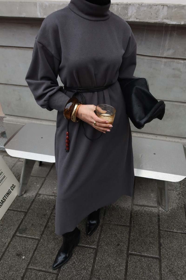 Boğazlı Fitilli Triko Elbise Antrasit - 1