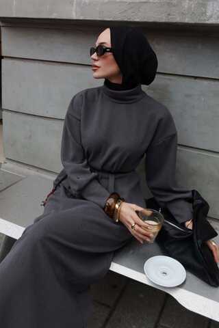 Boğazlı Fitilli Triko Elbise Antrasit - 4