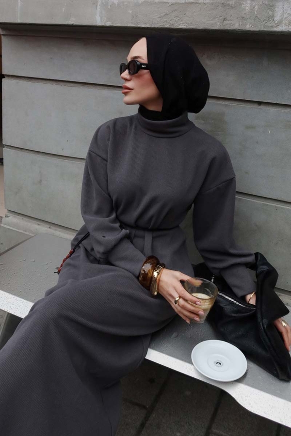 Boğazlı Fitilli Triko Elbise Antrasit - 4