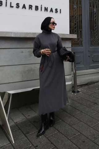 Boğazlı Fitilli Triko Elbise Antrasit - 7