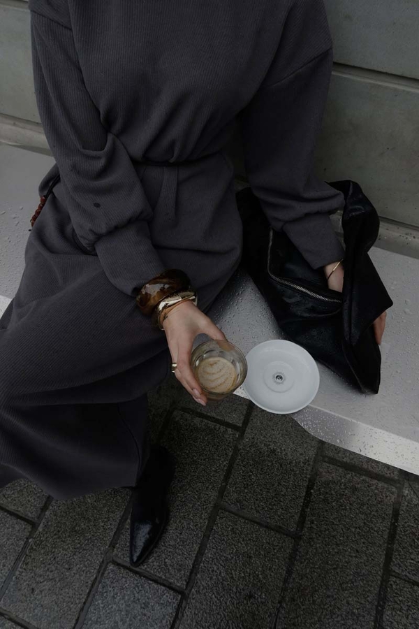 Boğazlı Fitilli Triko Elbise Antrasit - 8