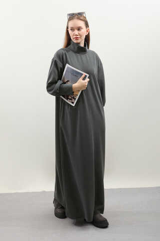 Boğazlı Fitilli Triko Elbise Antrasit - 10