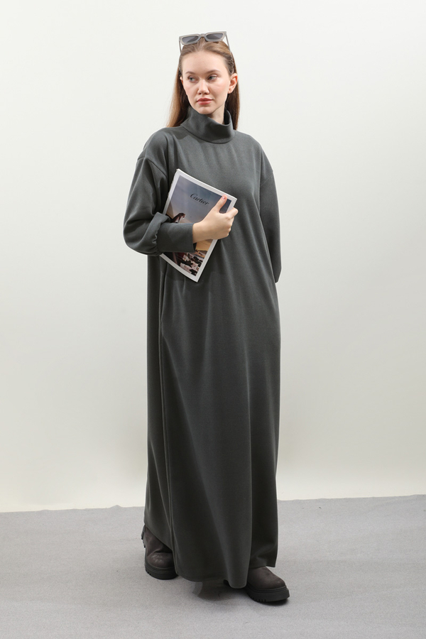 Boğazlı Fitilli Triko Elbise Antrasit - 10