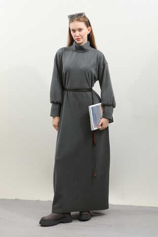 Boğazlı Fitilli Triko Elbise Antrasit - 12