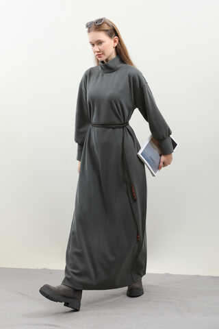 Boğazlı Fitilli Triko Elbise Antrasit - 13