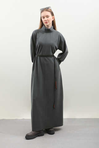 Boğazlı Fitilli Triko Elbise Antrasit - 14