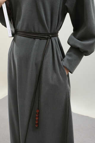 Boğazlı Fitilli Triko Elbise Antrasit - 15