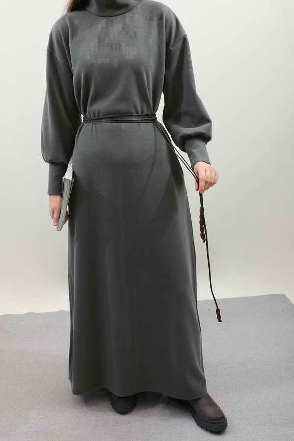 Boğazlı Fitilli Triko Elbise Antrasit - 16