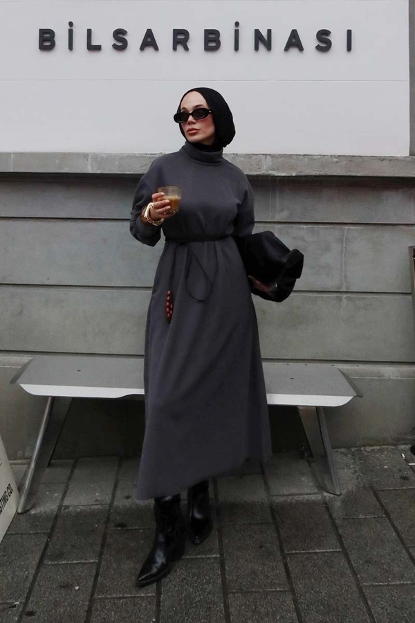 Boğazlı Fitilli Triko Elbise Antrasit - 5