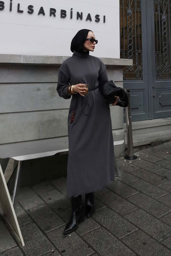 Boğazlı Fitilli Triko Elbise Antrasit - 7