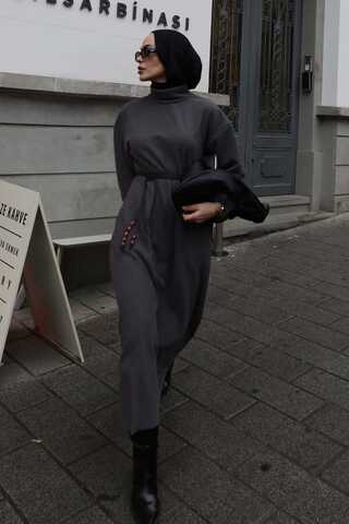 Boğazlı Fitilli Triko Elbise Antrasit - 3