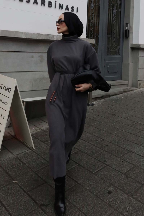 Boğazlı Fitilli Triko Elbise Antrasit - 3