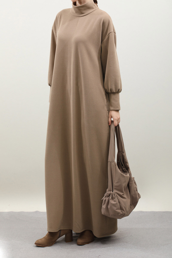 Boğazlı Fitilli Triko Elbise Koyu Vizon - 3