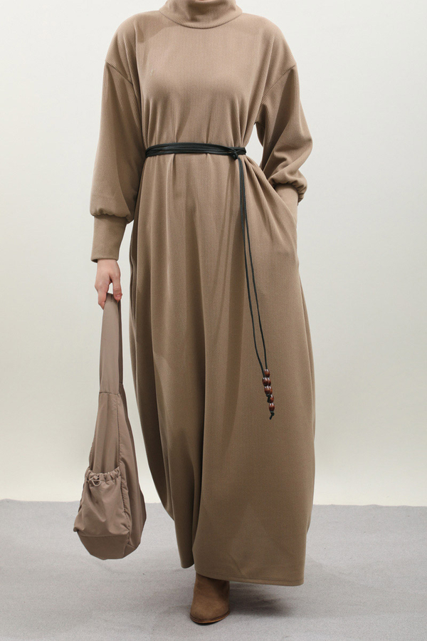 Boğazlı Fitilli Triko Elbise Koyu Vizon - 5