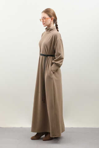 Boğazlı Fitilli Triko Elbise Koyu Vizon - 6