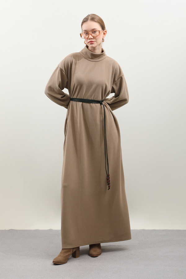 Boğazlı Fitilli Triko Elbise Koyu Vizon - 7