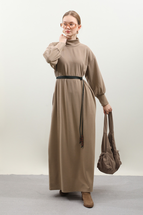 Boğazlı Fitilli Triko Elbise Koyu Vizon - 8