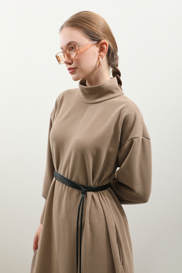 Boğazlı Fitilli Triko Elbise Koyu Vizon - 1