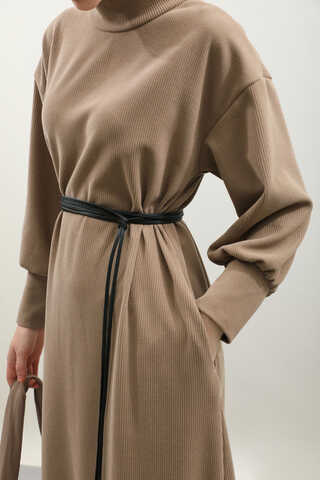 Boğazlı Fitilli Triko Elbise Koyu Vizon - 10