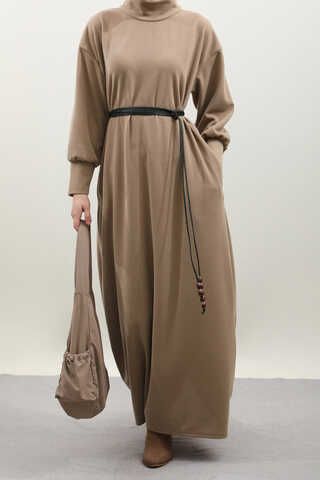 Boğazlı Fitilli Triko Elbise Koyu Vizon - 5