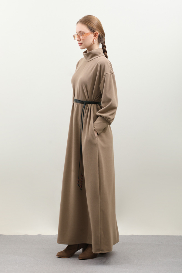 Boğazlı Fitilli Triko Elbise Koyu Vizon - 6