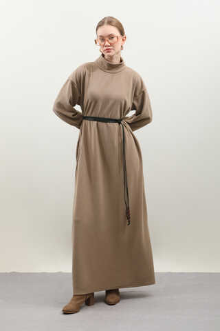 Boğazlı Fitilli Triko Elbise Koyu Vizon - 7