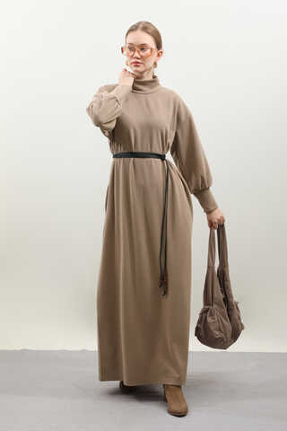 Boğazlı Fitilli Triko Elbise Koyu Vizon - 8