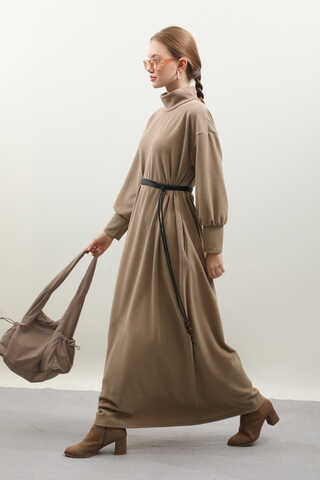 Boğazlı Fitilli Triko Elbise Koyu Vizon - 9