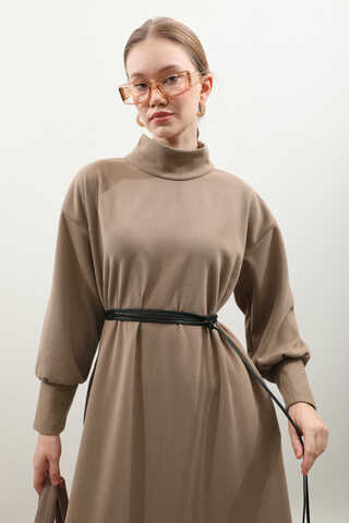 Boğazlı Fitilli Triko Elbise Koyu Vizon - 11