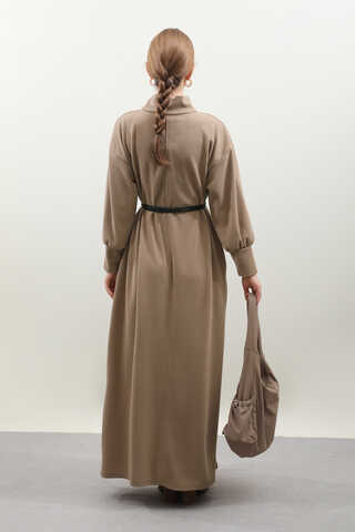 Boğazlı Fitilli Triko Elbise Koyu Vizon - 12